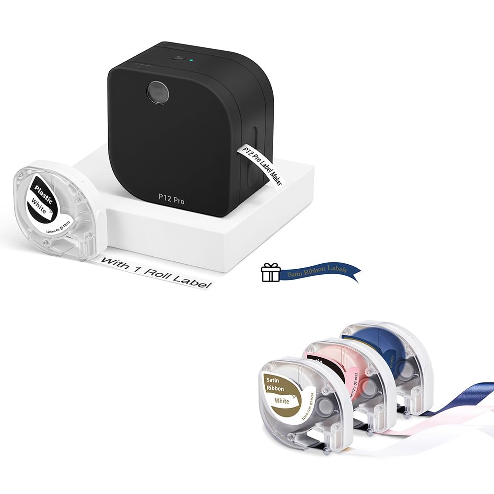 Set di etichettatrice Phomemo P12 Pro con 3 rotoli di nastro satinato, etichettatrice Bluetooth compatibile con stampa a trasferimento termico e termica diretta, stampante portatile per regali, decora