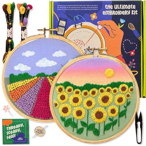 Image of KNOT YOUR TYPE Cotton Garden DIY Embroidery Kit - Bundle of 2 | Hand Embroidery Kit with All Stitching Materials | Perfect Art & Craft Gift Set, Stitching Kit for Adults, Blue