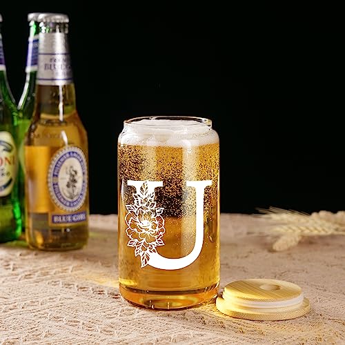 Image of Coolife Initial Glass Cup, Monogrammed Gifts for Women, 16 oz Tumbler w /Lid | Iced Coffee Smoothie Beer Tumbler w /Straw Lid - Personalized Christmas, Birthday Gifts for Woman Her Mom Friend