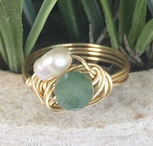 Freshwater Pearl Aventurine Wire-Wrapped Ring | Gold, Silver | White Freshwater Pearl | Green Aventurine | Simple Elegant Chic Ring