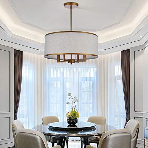 A1A9 Classic 4-Light Drum Pendant Light Fixture, 20'' Harvest Linen Fabric Shade, Vertical Rod Semi Flush Mount Ceiling Lights, Antique Gold Chandelier For Foyer Entryway Hallway Dining Room #TOP3