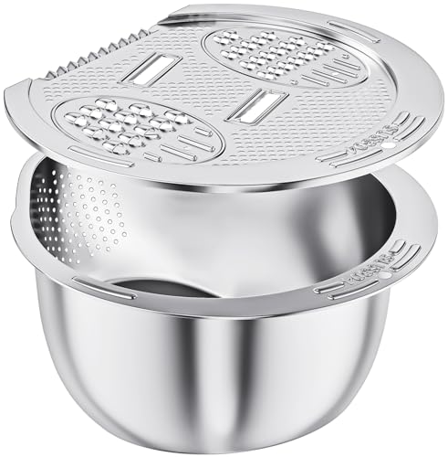ESOW Colander Set Stainless Steel, Rice Washer Strainer Bowl with Grater, Multipurpose Use for Food Storage, Draining Water, Cutting and Slicing/Shredding, Kitchen Essentials