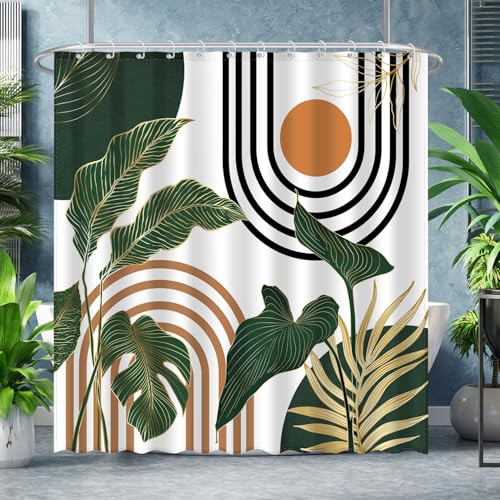 Boho Mid Century Shower Curtain, Bohemian Modern Abstract Minimalist Aesthetic Bathroom Decor Tropical Botanical Leaves Waterproof Fabric Cloth Bath Curtain with 12 Hooks (Boho 2, 72x72 Inches)