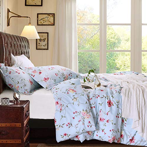 NTBAY 3 Pieces Duvet Cover Set Brushed Microfiber Floral Printed Pattern with Hidden Zipper, Queen, Light Blue