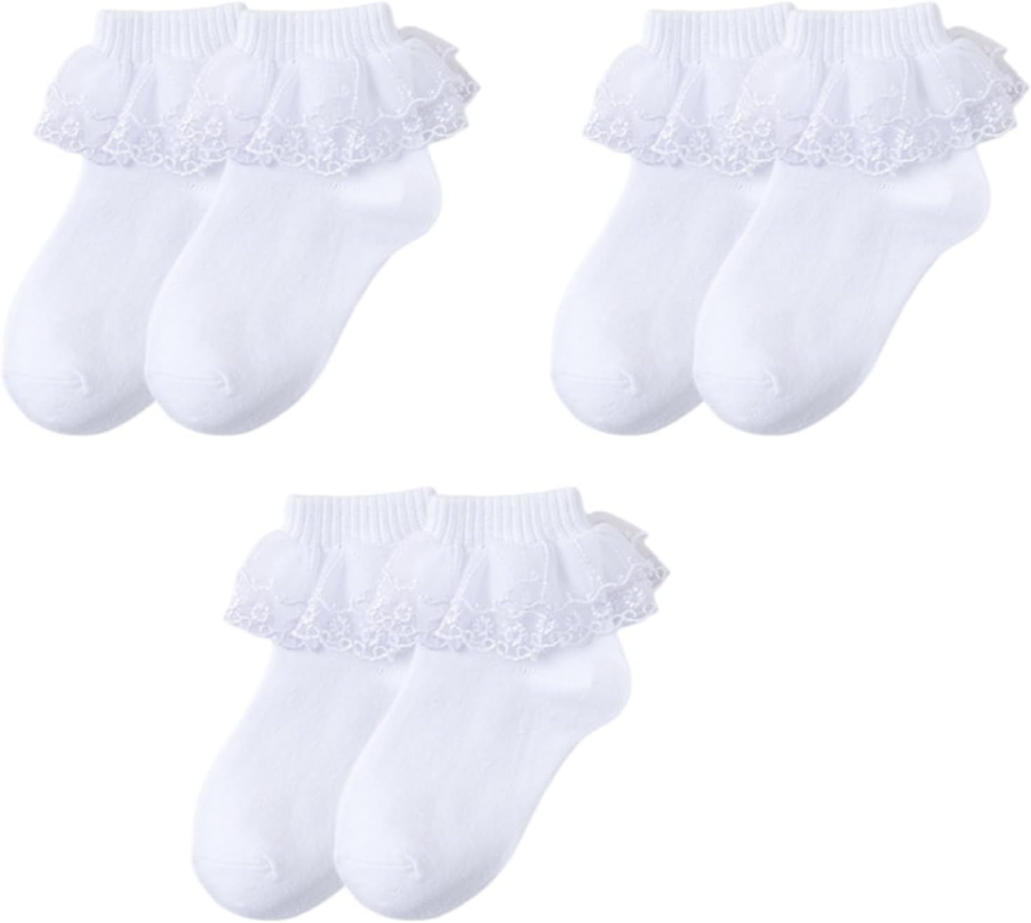 Toddler Socks, 3 Pairs Girls Lace Trim Socks Soft Cotton Breathable Design Ankle Sock for Everyday Wear