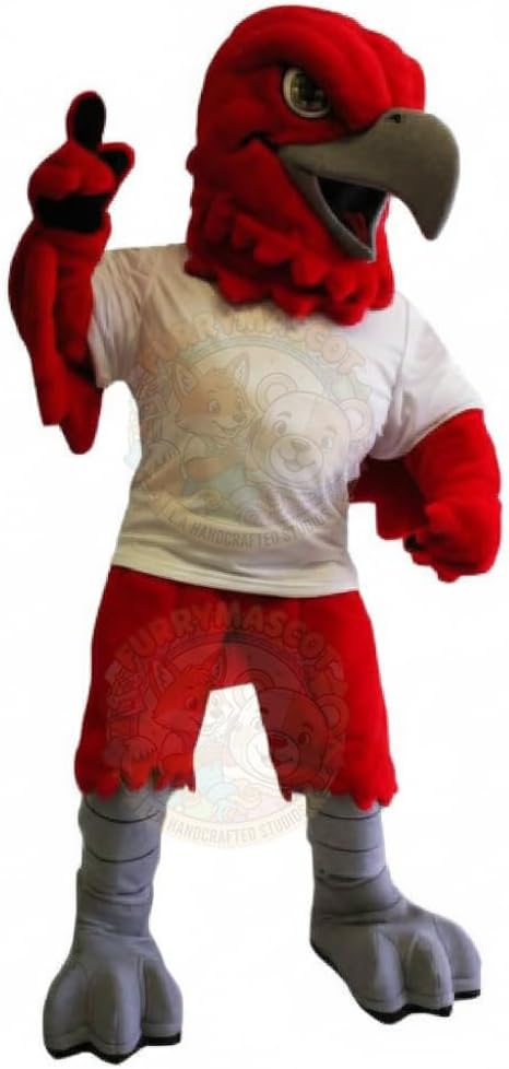 Premium Athletic Rocket the Redhawk Mascot Costumes in White Jersey Red Hawk School Spirit & Cool Fan