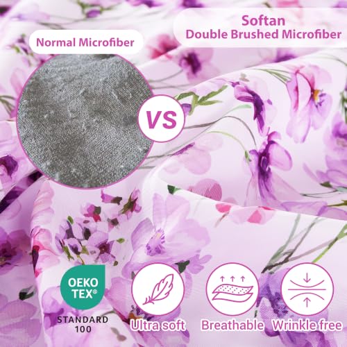 Image of Softan Purple Floral Full Sheet Set, Cozy Printed Microfiber Bed Fitted Sheets with 15 inch Deep Pocket & Non-Slip Corner Straps, Girls Lavender Blooms Flower Patterned Double Sheets & Pillowcase Set