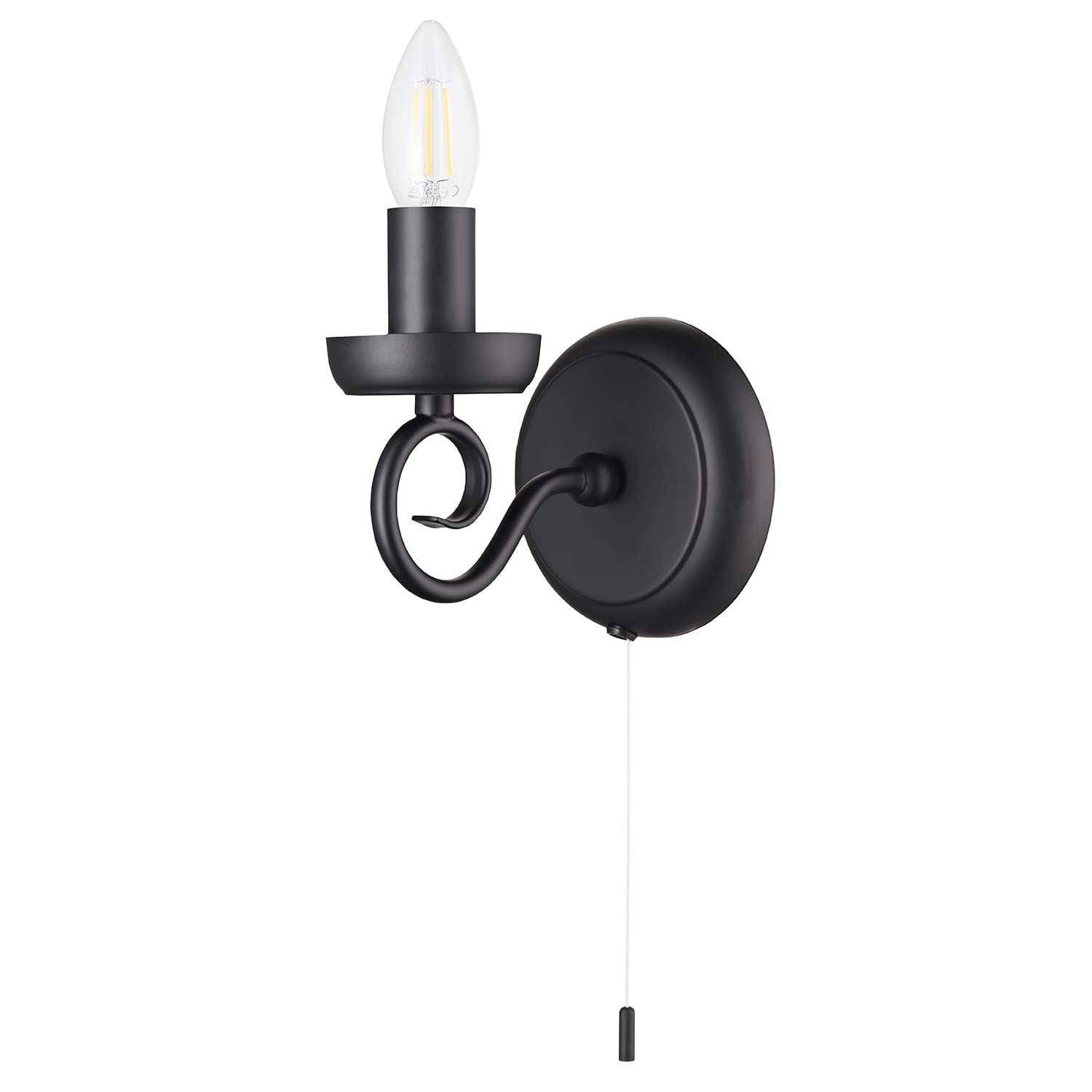Happy Homewares Traditional and Vintage Matt Black Wall Light Fitting with Scroll Arm and Pull Switch | SES 60w Maximum | 17cm x 14cm x 12cm