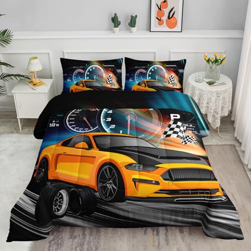 Axolotl Race Car Bedding Set King Size,Boys Extreme Sports Comforter for Kids Teens,Yellow Car Racing Bedding,Cool Speed Duvet,Sports Theme Quilt Set with 1 Comforter and 2 Pillowcases