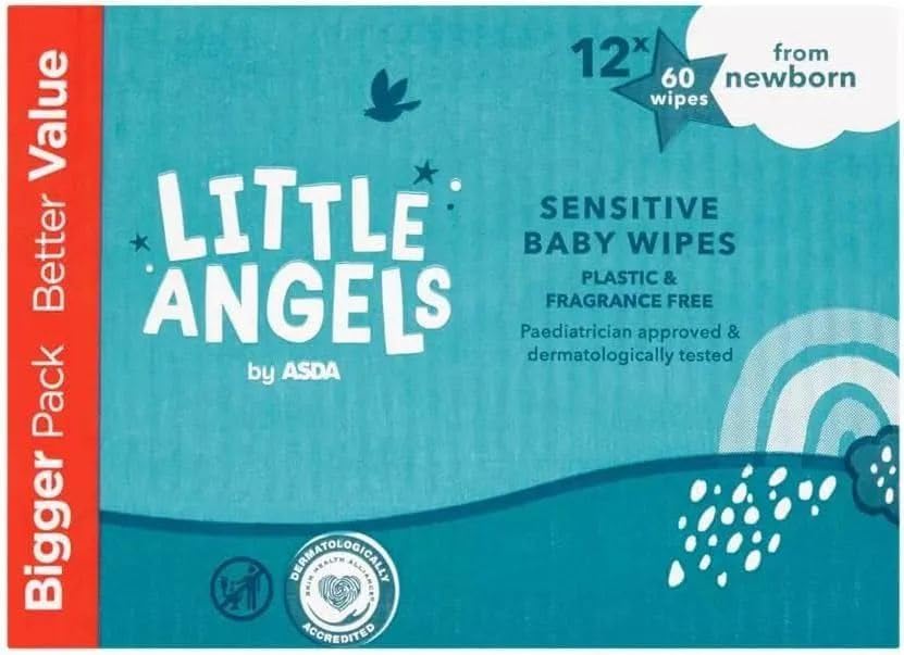 Little Angels Sensitive Baby Wipes, Plastic & Fragrance Free, Newborn, 12 x 60 Wipes