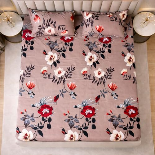 Image of THEA King Size Double Bedsheet Set (Flat)| 100% Cotton Like Soft Fabric | Microfiber King Double Bedsheet for King Size Bed (108 X 108 inches) with 2 Pillow covers,Autumn Desire