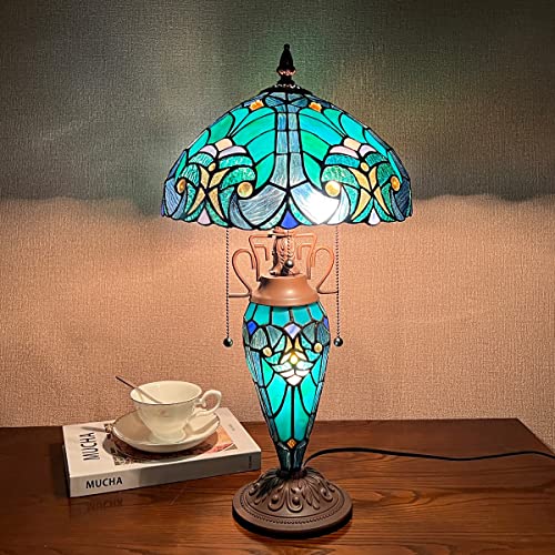 Cotoss Tiffany Table Lamp With Nightlight Sea Green 3 Lights Stained Glass Desk Lamp For Reading Antique Nightstand Table Light For Living Room Bedroom Entryway #TOP1