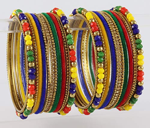 Image of NMII Metal with Zircon Gemstone, Pearls and Beads Studded Glossy Finished Bangle Set For Women and Girls