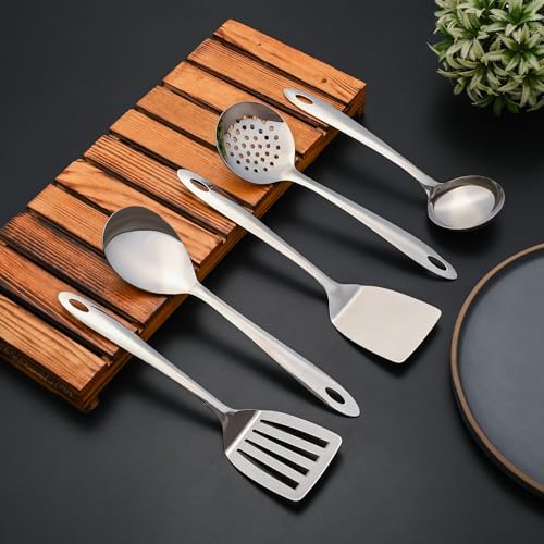 Image of Montavo by FnS 5 Pieces Stainless Steel Serving Tools Set | Slotted Turner, Soup Ladle, Skimmer Turner, Serving Spoon & Solid Turner | Kitchen Cooking Utensils for Home & Dining