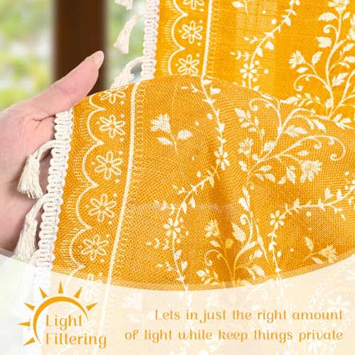 Image of Yinhua Boho Tie Up Curtains for Windows Vintage Linen Valance Light Filtering Floral Valance Rod Pocket Rustic Adjustable Tassel Window Valances for Bathroom, 42 inch W X 45 inch L, Yellow