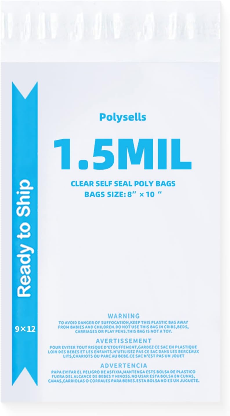 POLYSELLS Strong Self Seal Clear Poly Bags with Suffocation Warning for Packaging, Shipping, T-Shirts, Clothes & FBA, Permanent Adhesive, 9"x12", 1000pcs