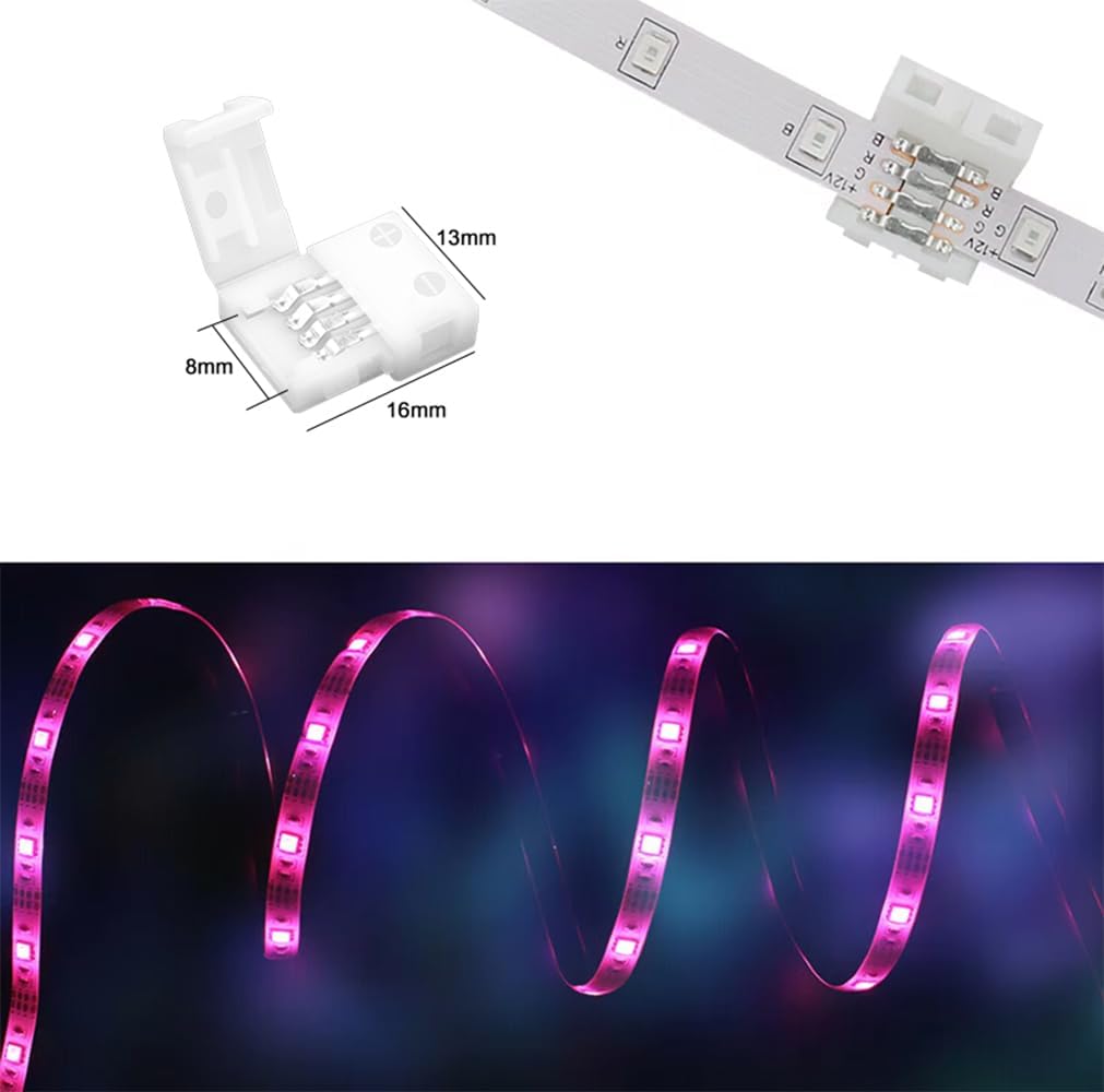 ENQIMAOYI RGB 4-Pin 8mm LED Connector Kit – 10 Solderless Connectors & 8 Jumper Cords