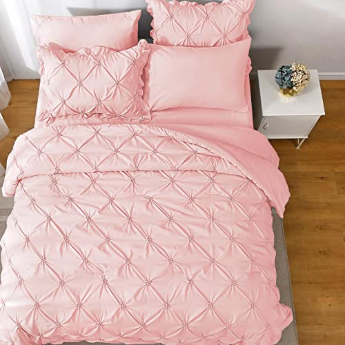 JOLLYVOGUE Pink Cal King Size Comforter Sets 7 Pieces,Pintuck Bed in a Bag Comforter Set for Bedroom, Bedding Comforter Sets with Comforter, Sheets,Ruffled Shams & Pillowcases