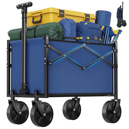 Image of DUMOS Collapsible Wagon with Wheels, 220LBS Wagons Carts Foldable Small Wagon Cart with Flexible Handle, Lightweight Portable Folding Utility Grocery Shopping Cart for Sports Garden Camping, Blue