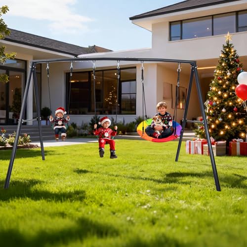 Hapfan 500lb Heavy Duty Metal Swing Sets for Backyard with Saucer Swing, Kids Triple Outdoor Swingset, Easy to Assemble