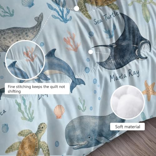 Image of Ocean Animal Comforter Set Queen Sea Creatures Bedding Set for Kids | Cute Watercolor Marine Animal Bedding Set for Boys Girls Teens, 3 Piece Kids Soft Comforter Set Bedroom Decor