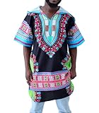 DA'IKI African Long Urban Dashiki Warlock Jacket with Hoody Warrior Shirt Pullover, X-Large, Dashiki - Sky Blue/Black
