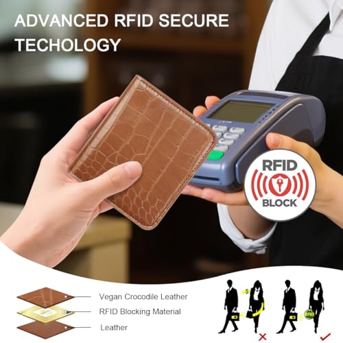 Image of Crocodile Wallets Women Small RFID Blocking Credit Card Holder | Luxury Alligator Faux Leather Thin Bifold Croc Womens Wallet Ladies Mini Purse with Coin Pocket, Brown