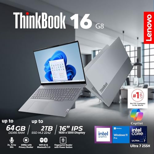 Image of Lenovo ThinkBook 16 Gen 8 Business Laptop, Intel Core Ultra 7 255H, 32GB DDR5 RAM, 1TB SSD, Fingerprint Reader, Windows 11 Pro