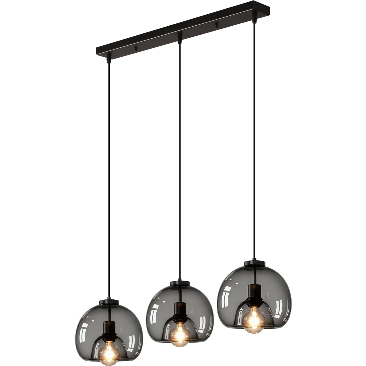 Lampada a Sospensione in Vetro Vintage, 3 luci Lampadario da Soffitto Cucina E27, Paralume Vetro Trasparente Nero, Bianco Caldo 3000K Altezza Regolabile per Camera da Letto, Sala Da Pranzo, Kitchen