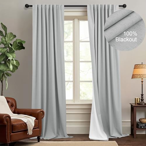 Light Gray Blackout Linen Curtains 108 Inches Long 2 Panel for Sliding Glass Door Puddle Length Floor to Ceiling Drape Lightweight Thermal Black Out Curtain for Bedroom Living Room Heather Grey Silver