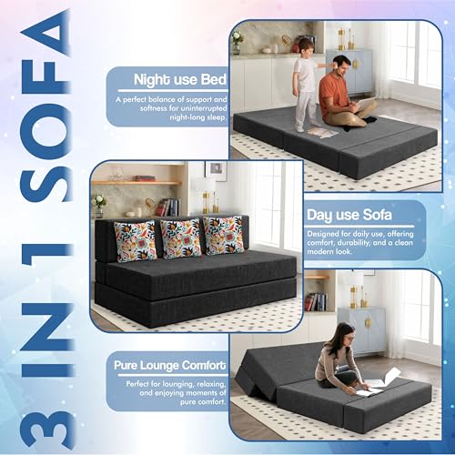 Image of Los Angeles Foldable Three Seater Sofa Cum Bed, Sofa Bed 5 X 6 Feet Jute Fabric Washable Cover Including 3 Cushion Perfect for Living Room - Black Color
