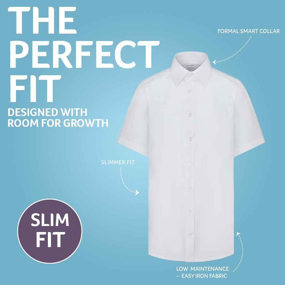 Trutex Basics 2 Pack White Short Sleeve School Shirts - Boys (3-16+ Years) Slim Fit, Easy Iron, Button Down - Genuine School Uniform
