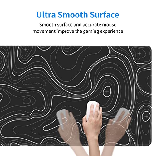 Topographic Contour Large Gaming Mouse Pad Extended Xl Long Mousepad Big Desk Pad With Stitched Edges & Nonslip Rubber Base Computer Keyboard Mouse Mat For Company Office Gamer, Black, 31.5X11.8Inch #TOP3