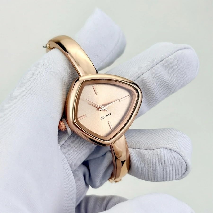 Image of Shocknshop Analog Triangle Dial Bangle Ladies Gold Tone Cuff Bracelet Strap Ladies Minimalist Quartz Watch for Woman -WCH192