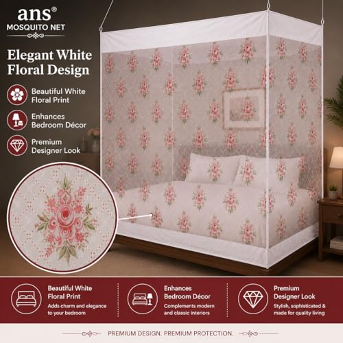 Image of ANS Premium Hanging Mosquito Net for Bed | XXL 6.5 x 10 ft | White Floral Print | Fine Mesh Protection | Cotton Border | Free Air Flow | Ideal for Large Size Bed & Joint of Single and Double Bed