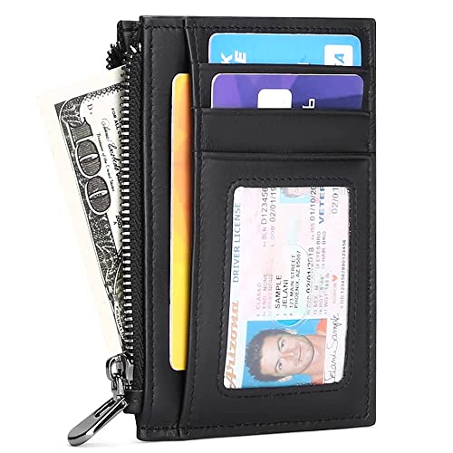 GOIACII Genuine Leather Minimalist Wallet for Men Purse Pouch Slim Front Pocket RFID Blocking ID Window 6 Credit Debit Card Holder Zipper with Gift Box (Black), 2063