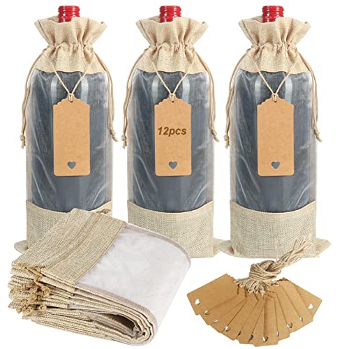 Shintop Burlap Wine Bags, 12 Pcs Wine Gift Bags with Tags & Strings Drawstring Bottle Pouches with Sheer Window for Wedding Christmas Birthday Party Favors (13.8 X 6.3 Inches)