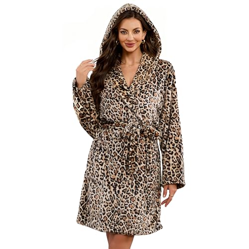 Image of U2SKIIN Women Hooded Fleece Robe, Short Plush Robes for Womens With Hood Soft Warm Spa Bathrobe