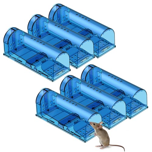 Image of Blinc [6-Pack] Humane Mouse Trap - Catch and Release No-Kill Rodent Traps for Indoors & Outdoors - Safe for Children & Pets - Reusable Mouse Catcher for Kitchen, Pantry & Garage (Transparent Blue)