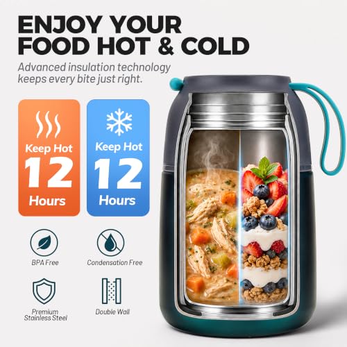 Image of Insulated Thermo Food Jar for Hot & Cold Food for Kids Adult, 17 oz Soup Thermal Hot Food Containers for Lunch, Triple Layer Insulation Stainless Steel Food Jar with Spoon (Green)