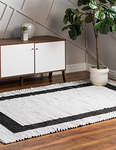 Image of Unique Loom Chindi Jute Collection Casual, Modern, Bohemian, Border Area Rug (9' 0 x 12' 2 Rectangular, White /Black)