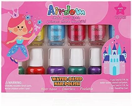 Non Toxic Kids Nail Polish Set for Toddler Water Based Peel-Off odorless Quick Dry Natural, Gifts for Girls (11 Colors + 1 Coat)