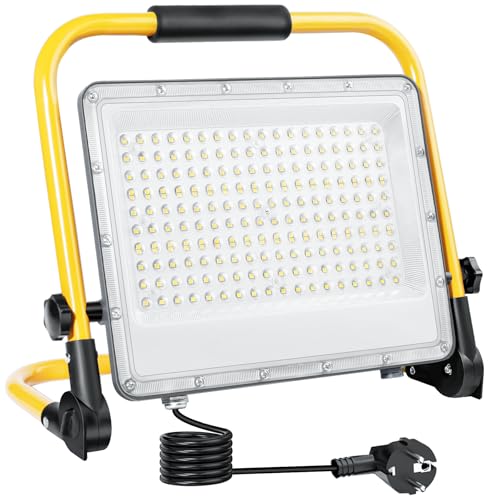 LED Baustrahler 200W 20000 Lumen 6500K Kaltweiß IP66 Wasserdicht mit Stativ 2m Kabel – Arbeitsleuchte für Baustelle, Hausrenovierung, Trockenbau Beleuchtung