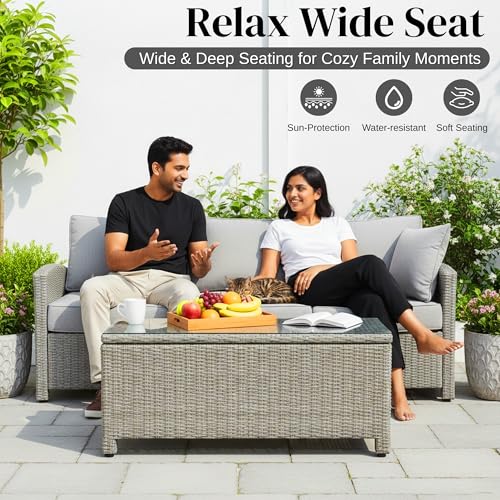 Image of DEVOKO 7 Piece Outdoor Conversation Patio Furniture Set All Weather Wicker Sectional Couch 7 Seater Sofa With Center Table Ottoman For Garden,Terrace,Porch,Lawn,Backyard(Silver&Grey)