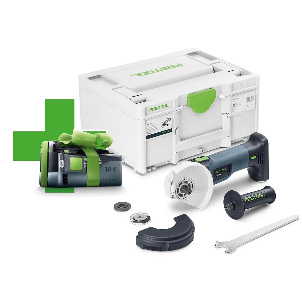 Festool Amoladora angular inalámbrica AGC 18-125 EB-Basic-5.0 – Motor EC-TEC sin escobillas, 4500 – 8500 rpm, a prueba de polvo, baja vibración, incluye batería de 5,0 Ah y Systainer