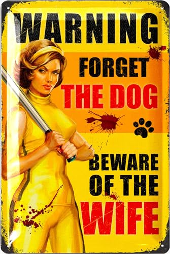 LANOLU Retro Blechschild Hund 'Warning Wife', Hundeschilder, Blechschild Hund, Deko Garten Hund, Geschenke für Frauen Hundeliebhaber, Hunde Geschenke für Besitzer, 20x30cm