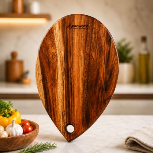 Image of AEROWOOD Heritage Acacia Wood Teardrop Cutting Board, Premium Wooden Chopping & Serving Board, 12 x 8 x 0.59 Inch, Reversible with Hanging Hole