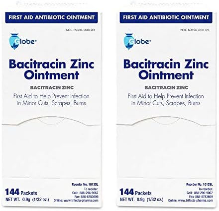 Globe First Aid Bacitracin Zinc Ungüento - Crema para cortar, raspar y quemar - Tratamiento antibiótico de primeros auxilios - 2 cajas de 144