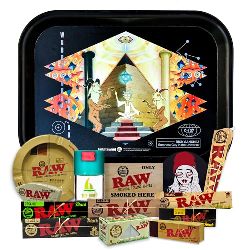THE BOAT Regalo para Fumadores Bandeja para Liar Oficial Rick y Morty 25 x 19cm + Cenicero Raw + Bote Antiolor Papel Raw Organic, Black y Clasic King Size + Tips + Cono + Pegatinas