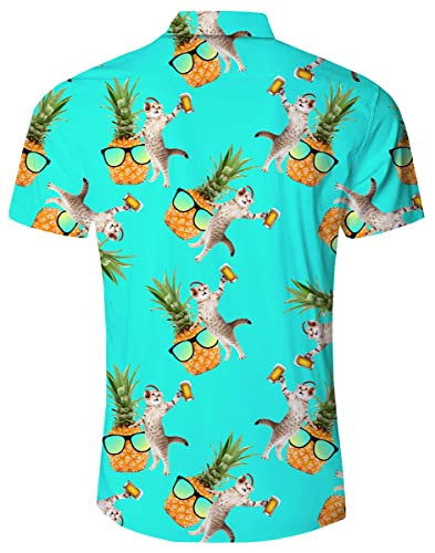 Men's Hawaiian Pineapple Cat Shirt Casual Aloha Button Down Luau Tropical Short Sleeve Blue Shirts Polo Beach Summer Blouse Tops #TOP1